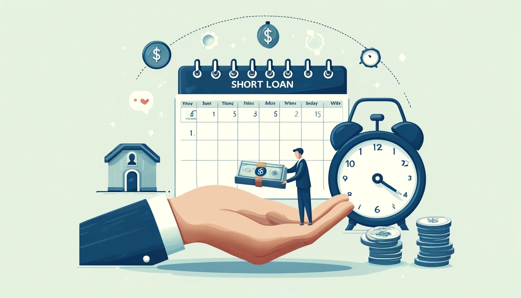 Illustration of a short-term loan in Singapore, showing a person handing over money and a calendar indicating a short duration.
